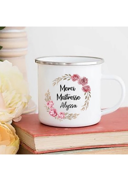 -A015WH-8 360 ml Kişiselleştirilmiş Fransız Baskı Kupalar Özel Ad Kahve Fincanları Içecek Su Süt Kupası Emaye Kupa Okul Ev Kolu Drinkware Öğretmen Hediye (Yurt Dışından)