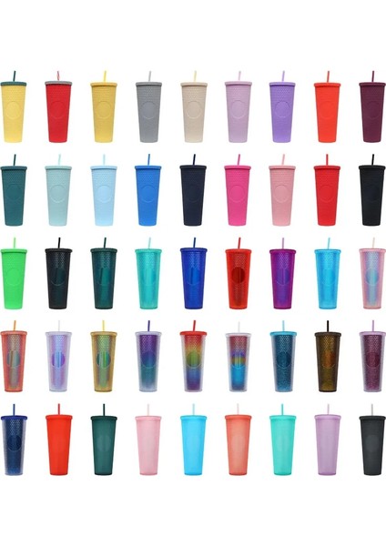 2-3 701-800ML 24OZ Çivili Mat Bardak Bardak, Kapaklı ve Pipetli, Bling Plastik Bardak, Çift Duvar Yalıtımlı, Tekrar Kullanılabilir Dokulu Venti Bardak (Yurt Dışından)