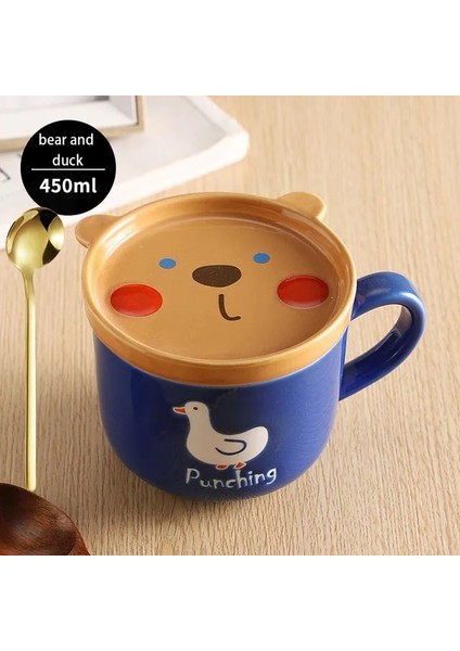 Bear DUCK450ML 400-450ML 300/450ML Karikatür Hayvan Seramik Kapaklı Kupa Kahvaltı Yulaf Ezmesi Bardak ve Tabak Süt Kahve Kaşıklı Kupa Mikrodalga Fırın Güvenli (Yurt Dışından)