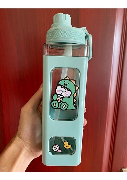 Yeşil D 900ML Kawaii Shaker Su Şişesi Pipetli Etiket Sevimli Bpa Ücretsiz 700ML/900ML Plastik Çay Süt Taşınabilir Gourde Içme Şişesi Kız Için (Yurt Dışından)