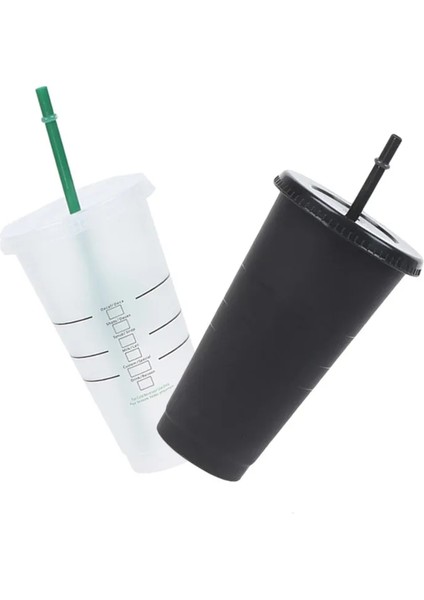 Siyah 710ML Pipetli Bardak 710ML Logolu Içecek Kapaklı Pipetli Kupalar Plastik Tumbler Mat Kahve Şişesi Kupası Food Grade Pp Plastik Pipetli (Yurt Dışından)
