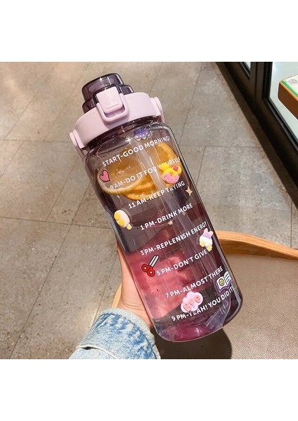 B-Şeffaf Mor 2l 64OZ 2l Büyük Kapasiteli Su Şişesi Saman Bardak Yüksek Sıcaklık Plastik Su Bardağı Zaman Ölçeği Buzlu Doğa Sporları Öğrenci Çift Fincan (Yurt Dışından)