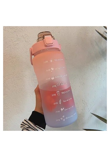 A-Matte Pembe Mavi 2l 64OZ 2l Büyük Kapasiteli Su Şişesi Pipetli Bardak Yüksek Sıcaklık Plastik Su Bardağı Zaman Ölçeği Buzlu Doğa Sporları Öğrenci Çift Fincan (Yurt Dışından)