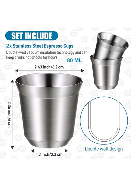 Siyah 80 ml 2 Adet 304 Paslanmaz Çelik Espresso Bardakları Çift Duvar Termal Yalıtımlı Kapsül Kahve Kupa Kapalı Veya Açık Hava Etkinlikleri Için 80/160 ml (Yurt Dışından)