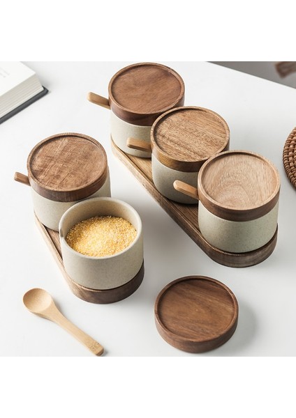 Tray1 Yenı Seramik Retro Baharat Kavanoz Biber Depolama Şişesi Yuvarlak Seramik Baharat Kavanoz Ahşap Kapaklı Tuz Biber Mutfak Aracı (Yurt Dışından)