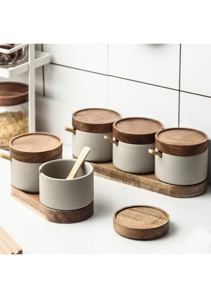 Tray1 Yenı Seramik Retro Baharat Kavanoz Biber Depolama Şişesi Yuvarlak Seramik Baharat Kavanoz Ahşap Kapaklı Tuz Biber Mutfak Aracı (Yurt Dışından)