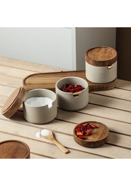 Tray1 Yenı Seramik Retro Baharat Kavanoz Biber Depolama Şişesi Yuvarlak Seramik Baharat Kavanoz Ahşap Kapaklı Tuz Biber Mutfak Aracı (Yurt Dışından)