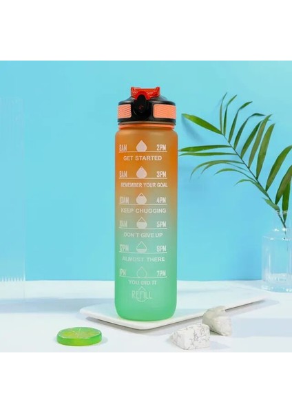 Turuncu Yeşil 1.0l 1 Litre Su Şişesi Samanlı Plastik Buzlu Bardak Zaman Işaretleyici ile Kızlar Için Kawaii Taşınabilir Seyahat Açık Spor Fitness Bardak (Yurt Dışından)