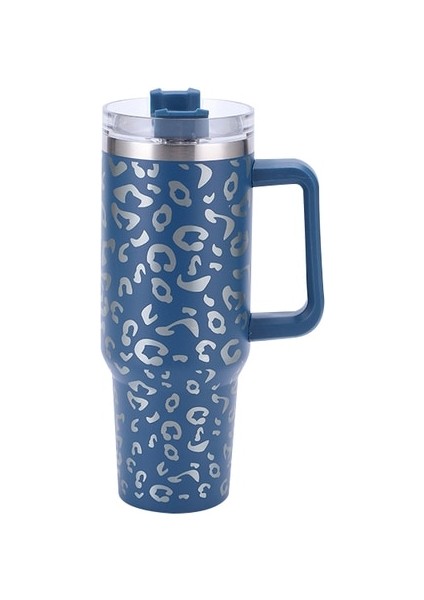 09 40 Oz Leopar Baskı Tarzı Araba Termos Kulplu Bardak Kahve Yalıtımlı Bardak Saman Paslanmaz Çelik Araba Termosları (Yurt Dışından)