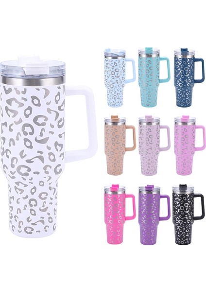 09 40 Oz Leopar Baskı Tarzı Araba Termos Kulplu Bardak Kahve Yalıtımlı Bardak Saman Paslanmaz Çelik Araba Termosları (Yurt Dışından)