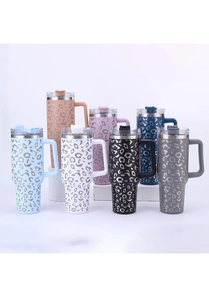 09 40 Oz Leopar Baskı Tarzı Araba Termos Kulplu Bardak Kahve Yalıtımlı Bardak Saman Paslanmaz Çelik Araba Termosları (Yurt Dışından)