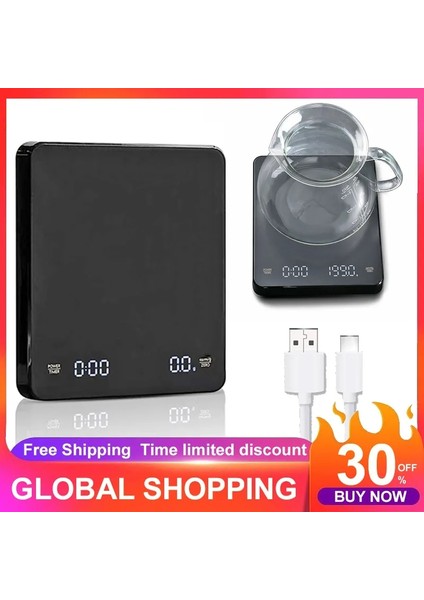 Gümüş 3kg 0.1g Kahve Elektronik Terazi Dökün Kahve Elektronik Damla Kahve Ölçeği Zamanlayıcı ile 3kg/0.1g LED Akıllı Mutfak Terazisi USB Şarj (Yurt Dışından)