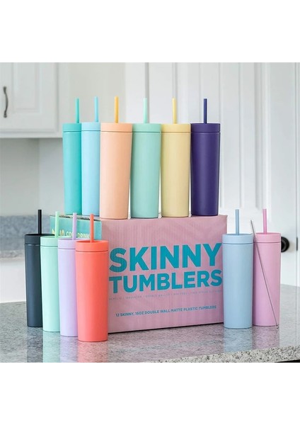 Renk 7 Sıcak Satış 16 Oz Akrilik Ince Sıska Tumbler Renkli Mat Su Kapaklı Şişe Saman Çift Duvar Yeni Yıl Partisi Hediyeleri Için (Yurt Dışından)