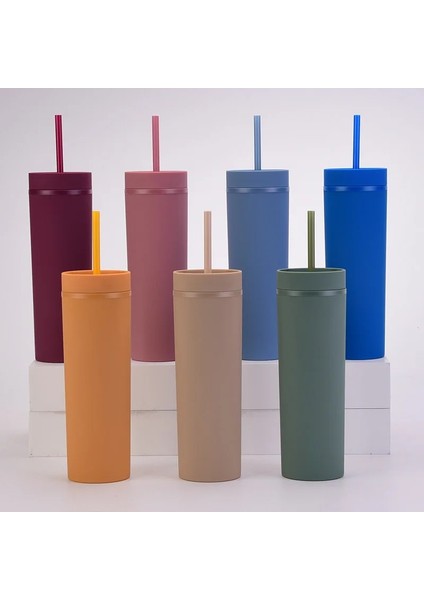Renk 7 Sıcak Satış 16 Oz Akrilik Ince Sıska Tumbler Renkli Mat Su Kapaklı Şişe Saman Çift Duvar Yeni Yıl Partisi Hediyeleri Için (Yurt Dışından) indirimleri