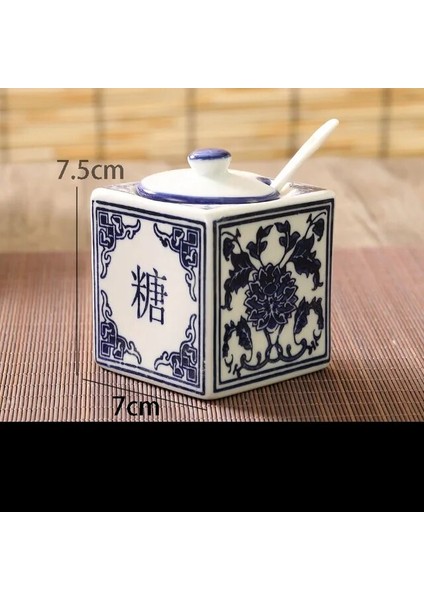 Jar-7x7.5cm Mavi ve Beyaz Seramik Kutu Seti Mutfak Çin Vintage Baharat Kavanozları Tuz Şeker Monosodyum Glutamat Sirke Biber Soya Şişesi (Yurt Dışından)