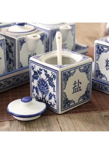 Jar-7x7.5cm Mavi ve Beyaz Seramik Kutu Seti Mutfak Çin Vintage Baharat Kavanozları Tuz Şeker Monosodyum Glutamat Sirke Biber Soya Şişesi (Yurt Dışından)
