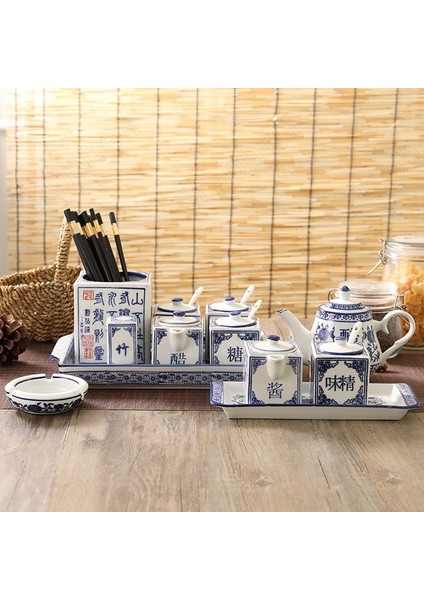 Jar-7x7.5cm Mavi ve Beyaz Seramik Kutu Seti Mutfak Çin Vintage Baharat Kavanozları Tuz Şeker Monosodyum Glutamat Sirke Biber Soya Şişesi (Yurt Dışından)