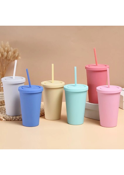 Yeşil 1pc 500ML 16 Oz Sıska Bardak Kapaklı ve Saman Mat Akrilik Renkli Çift Duvar Bardak Bardak Şişe Yeniden Kullanılabilir Diy Hediye Için (Yurt Dışından)