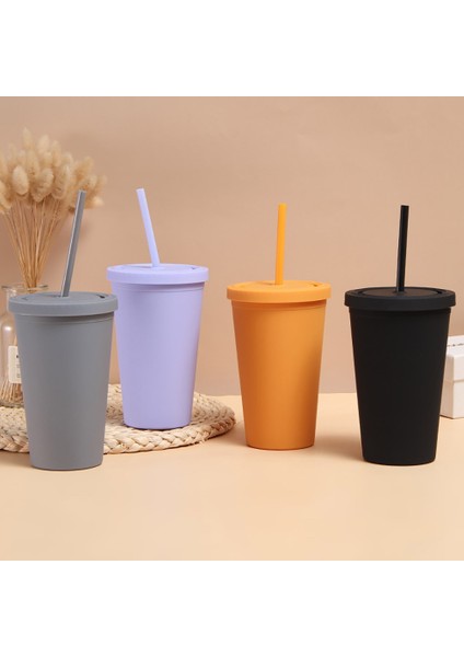 Yeşil 1pc 500ML 16 Oz Sıska Bardak Kapaklı ve Saman Mat Akrilik Renkli Çift Duvar Bardak Bardak Şişe Yeniden Kullanılabilir Diy Hediye Için (Yurt Dışından)