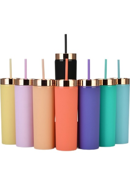 D 16OZ 16OZ Akrilik Nedime Bardak Plastik Düz Sıska Tumbler Kaplama Kapaklı Çift Duvar Içme Şişesi Saman Bardak (Yurt Dışından)