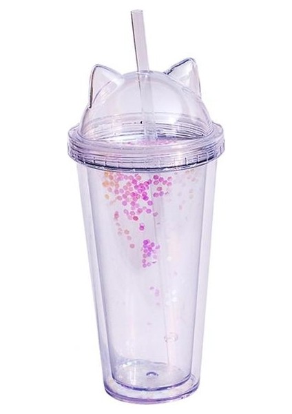 Şeffaf 420 ml Kedi Kulak Su Şişesi Kızlar Için Payetler ile Bpa Ücretsız Çift Duvar Bardak Saman ile Yeniden Kullanılabilir Smoothie Bardak Drinkware (Yurt Dışından)
