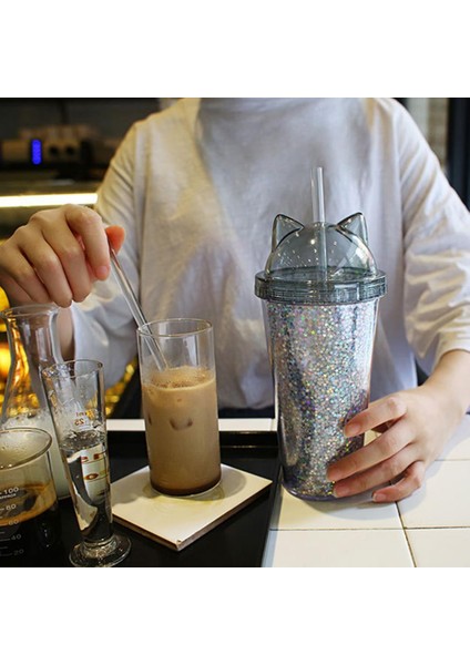 Şeffaf 420 ml Kedi Kulak Su Şişesi Kızlar Için Payetler ile Bpa Ücretsız Çift Duvar Bardak Saman ile Yeniden Kullanılabilir Smoothie Bardak Drinkware (Yurt Dışından)