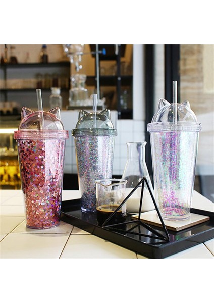 Şeffaf 420 ml Kedi Kulak Su Şişesi Kızlar Için Payetler ile Bpa Ücretsız Çift Duvar Bardak Saman ile Yeniden Kullanılabilir Smoothie Bardak Drinkware (Yurt Dışından)
