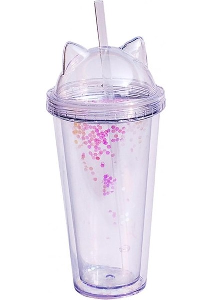 Şeffaf 420 ml Kedi Kulak Su Şişesi Kızlar Için Payetler ile Bpa Ücretsız Çift Duvar Bardak Saman ile Yeniden Kullanılabilir Smoothie Bardak Drinkware (Yurt Dışından)
