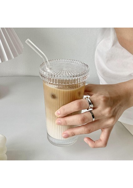 01-Kapaksız Pipetsiz 375ML 375ML Basit Şerit Cam Kapaklı Bardak ve Saman Şeffaf Kabarcık Çay Bardağı Meyve Suyu Bardağı Bira Kutusu Süt Mocha Bardak Kahvaltı Kupa (Yurt Dışından)