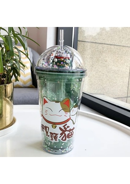 Yeşil 450 ml Karikatür Saman Plastik Kapaklı Bardak Payet Çift Payet Fincan Taşınabilir Egzersiz Saman Bardak Yaratıcı Moda Taşınabilir Kedi Bebek Kupa (Yurt Dışından)