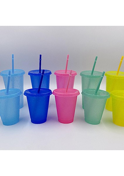 Açık Mavi 700 ml Payetli Glitter Saman Bardak Yeniden Kullanılabilir Gıda Sınıfı Hasır Kapaklı Kupalar Plastik Bardak Mat Kahve Suyu Süt Çay Içme Şişesi (Yurt Dışından)