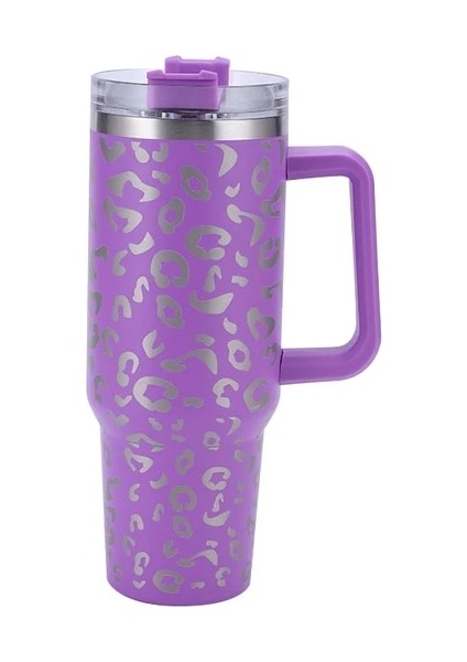 06 40 Oz Leopar Baskı Tarzı Araba Termos Kulplu Bardak Kahve Yalıtımlı Bardak Saman Paslanmaz Çelik Araba Termosları (Yurt Dışından)