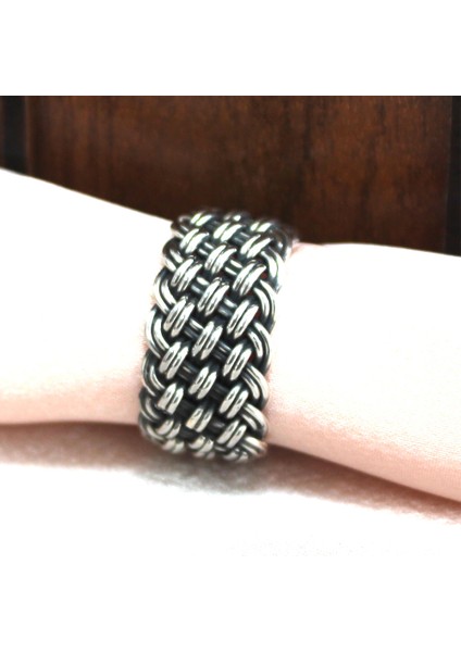 Tamamen El Yapımı Hasır Örgü Gümüş Yüzük Alyans 13 mm indirimleri