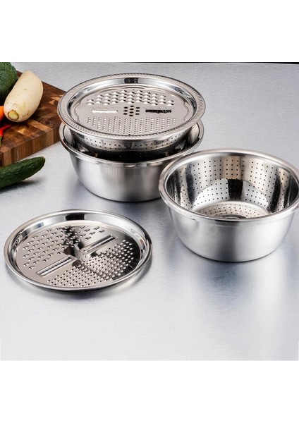 24 cm Çok Fonksiyonlu Sebze Dilimleme Kesici 3 Adet/takım Paslanmaz Çelik Drenaj Sepeti Mutfak Sebze Rende Pot Sebze Meyve Tabağı (Yurt Dışından)