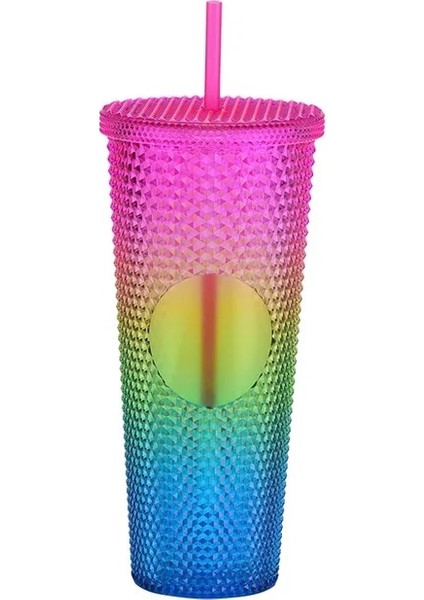 Renk-14 Logo'lu Kapaklı ve Pipetli Plastik Bardaklar 710ML Yaz Soğuk Su Bardağı Çift Duvar Elmas Radyant Tanrıça Saman Bardak Kahve Kupa (Yurt Dışından)