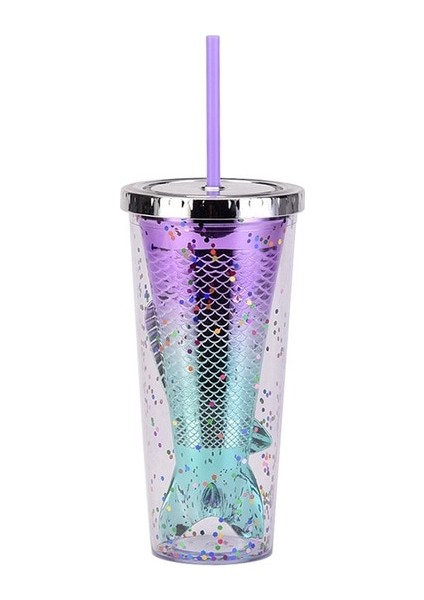 E Yaratıcı Çift Katmanlı Saman Bardak Payetli Glitter Fincan Renkli Kahve Suyu Saman Kupa Denizkızı Şekilli Pipetli Bardak ve Kapaklar (Yurt Dışından)