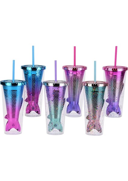 E Yaratıcı Çift Katmanlı Saman Bardak Payetli Glitter Fincan Renkli Kahve Suyu Saman Kupa Denizkızı Şekilli Pipetli Bardak ve Kapaklar (Yurt Dışından)