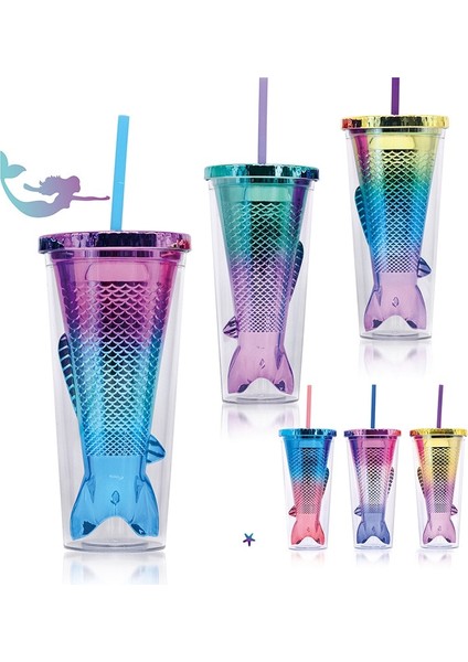 E Yaratıcı Çift Katmanlı Saman Bardak Payetli Glitter Fincan Renkli Kahve Suyu Saman Kupa Denizkızı Şekilli Pipetli Bardak ve Kapaklar (Yurt Dışından)
