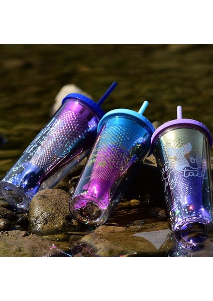 E Yaratıcı Çift Katmanlı Saman Bardak Payetli Glitter Fincan Renkli Kahve Suyu Saman Kupa Denizkızı Şekilli Pipetli Bardak ve Kapaklar (Yurt Dışından)