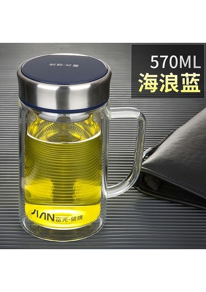 Mavi 570 ml Çift Şeffaf Cam Kulplu Bardak Sızdırmaz Yuvarlak Filtre Kabarcık Çay Bardağı Paslanmaz Çelik Tumbler Kahve Fincanları Soğuk Bardak (Yurt Dışından)