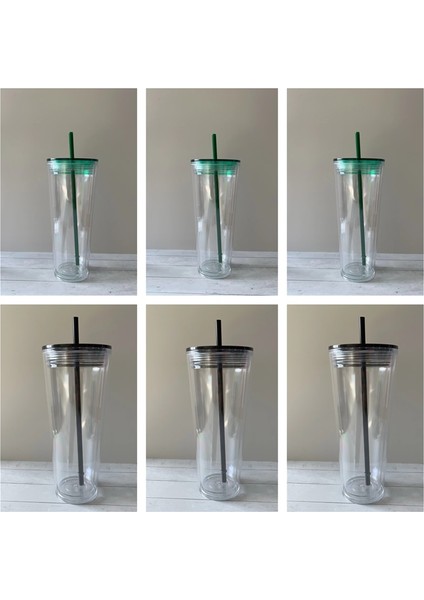 Şeffaf 710ML - Logo Yok 2022 Yeni Düz Kapaklı 710ML 24OZ Şeffaf Plastik Çift Cidarlı Pipetli Bardak, Siyah Yeşil Kapaklı Kahve Kupaları (Yurt Dışından)