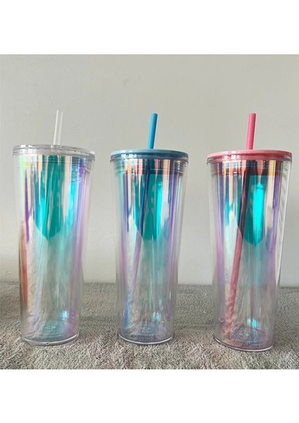 Şeffaf 710ML - Logo Yok 2022 Yeni Düz Kapaklı 710ML 24OZ Şeffaf Plastik Çift Cidarlı Pipetli Bardak, Siyah Yeşil Kapaklı Kahve Kupaları (Yurt Dışından)