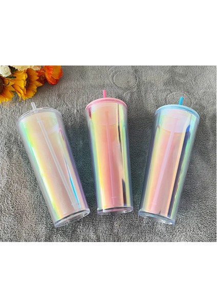 Şeffaf 710ML - Logo Yok 2022 Yeni Düz Kapaklı 710ML 24OZ Şeffaf Plastik Çift Cidarlı Pipetli Bardak, Siyah Yeşil Kapaklı Kahve Kupaları (Yurt Dışından)