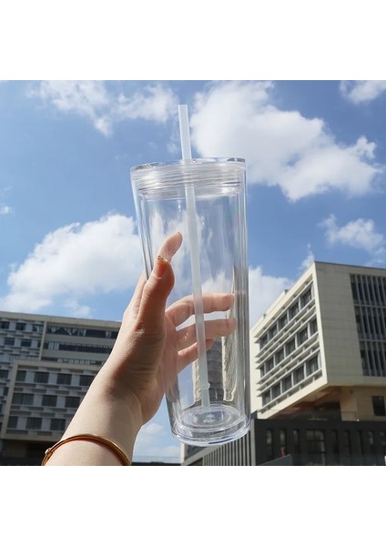 Şeffaf 710ML - Logo Yok 2022 Yeni Düz Kapaklı 710ML 24OZ Şeffaf Plastik Çift Cidarlı Pipetli Bardak, Siyah Yeşil Kapaklı Kahve Kupaları (Yurt Dışından)
