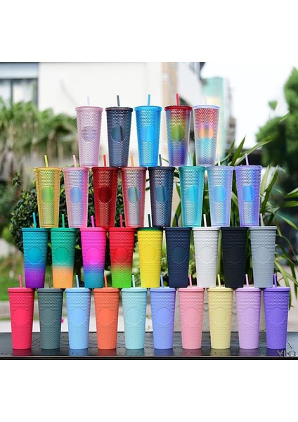 Gül Kırmızı Taşınabilir Süt Çay Kahve Süblimasyon Sippy Elmas Tumbler Çift Duvar Plastik Kupa Bardak Girdaplı Saman ve Kapaklı (Yurt Dışından)
