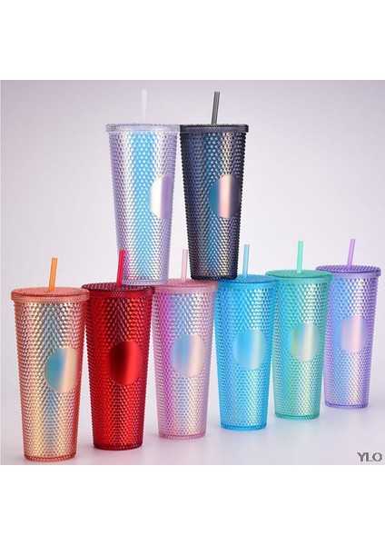 Gül Kırmızı Taşınabilir Süt Çay Kahve Süblimasyon Sippy Elmas Tumbler Çift Duvar Plastik Kupa Bardak Girdaplı Saman ve Kapaklı (Yurt Dışından)