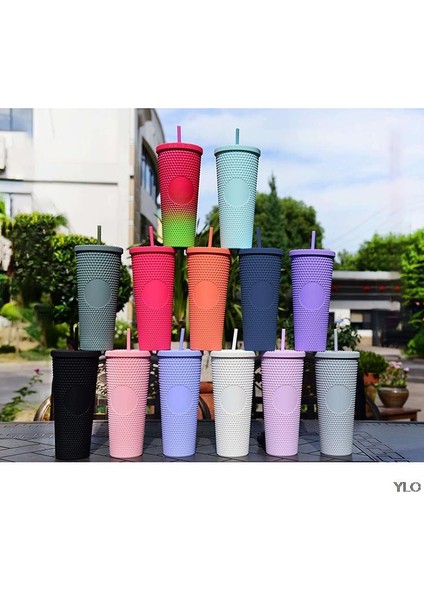 Gül Kırmızı Taşınabilir Süt Çay Kahve Süblimasyon Sippy Elmas Tumbler Çift Duvar Plastik Kupa Bardak Girdaplı Saman ve Kapaklı (Yurt Dışından)