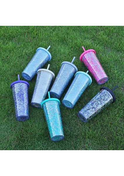 Kırmızı 710 ml Çift Katmanlar Soğuk Içecek Bardağı Saman Bardak Bpa Ücretsiz Glitter Su Şişesi Çay Bardağı Kahve Kupa Bardak Rahat Içme Bardağı (Yurt Dışından)