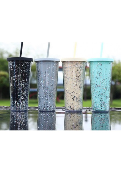 Kırmızı 710 ml Çift Katmanlar Soğuk Içecek Bardağı Saman Bardak Bpa Ücretsiz Glitter Su Şişesi Çay Bardağı Kahve Kupa Bardak Rahat Içme Bardağı (Yurt Dışından)