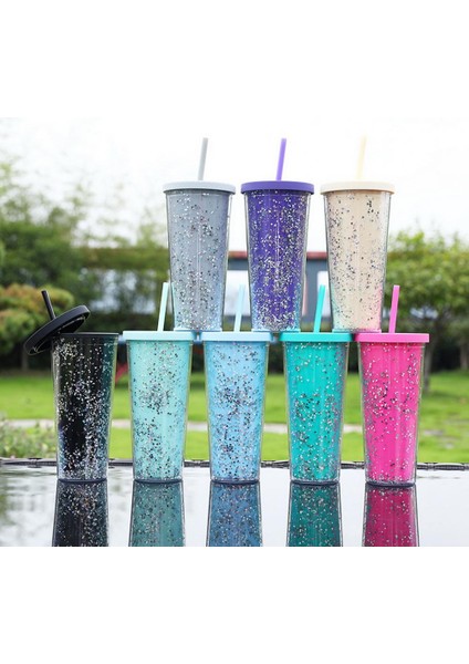 Kırmızı 710 ml Çift Katmanlar Soğuk Içecek Bardağı Saman Bardak Bpa Ücretsiz Glitter Su Şişesi Çay Bardağı Kahve Kupa Bardak Rahat Içme Bardağı (Yurt Dışından)